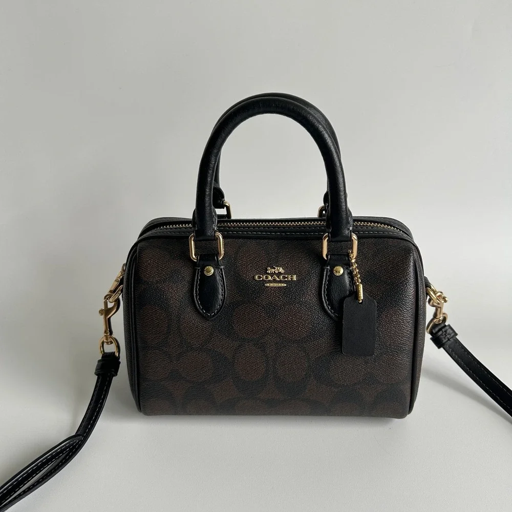 Coach Rowan Satchel Brown Black Signature Canvas Leather Bag Excellent
